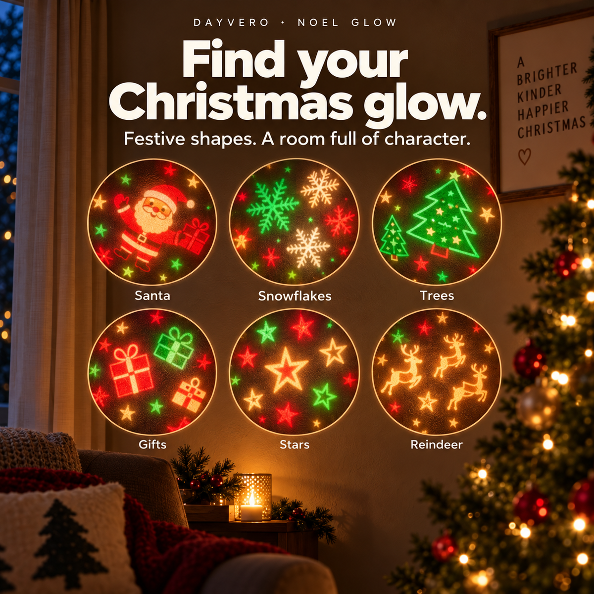 Christmas motifs shown in the Noel Glow projection