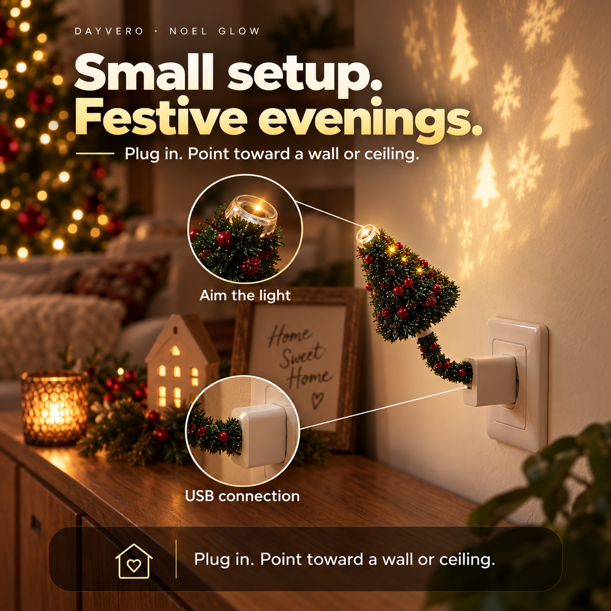 USB connection and aiming the Noel Glow projector