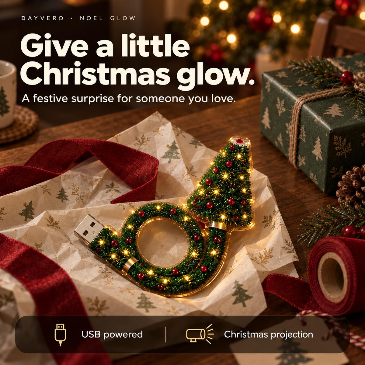 Give a little Christmas glow — Noel Glow Christmas projector in a gift-wrapping scene; USB powered and Christmas projection